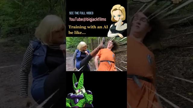 Title card image for video titled AI training is hard... #bigjackfilms #dragonballz #android18 #cosplay #supersaiyan #anime